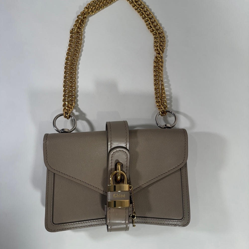 Chloé Taupe Aby Leather Shoulder Bag with Gold Chain